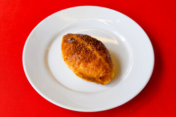 Turkish pastry product , tasty pogaca. Simit, gevrek. Turkish Pastries; peynirli, patatesli, kasarli pogaca, borek, acma, ay coregi at patisserie showcase.