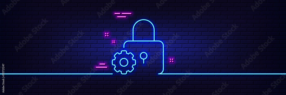 Poster neon light glow effect. lock line icon. padlock cogwheel sign. security settings symbol. 3d line neo