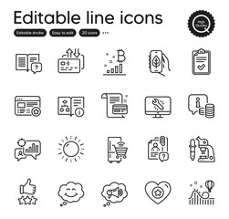 Set of Technology outline icons. Contains icons as Sun energy, Smile and Card elements. Search employee, Heart, Refrigerator web signs. Monitor repair, Info, Megaphone elements. Vector