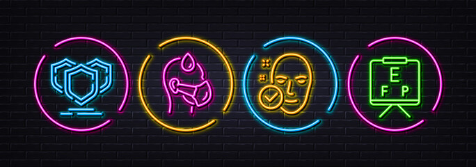 Sick man, Shields and Health skin minimal line icons. Neon laser 3d lights. Vision board icons. For web, application, printing. Epidemic protection, Safe secure, Clean face. Eye check. Vector