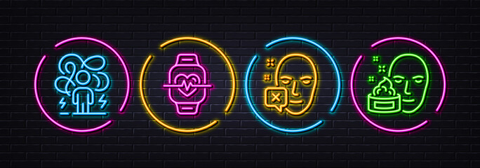 Difficult stress, Cardio training and Face declined minimal line icons. Neon laser 3d lights. Face cream icons. For web, application, printing. Vector