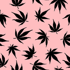 Seamless pattern of black marijuana on a pink background.Black hemp leaves on a pink background. Cannabis pattern
