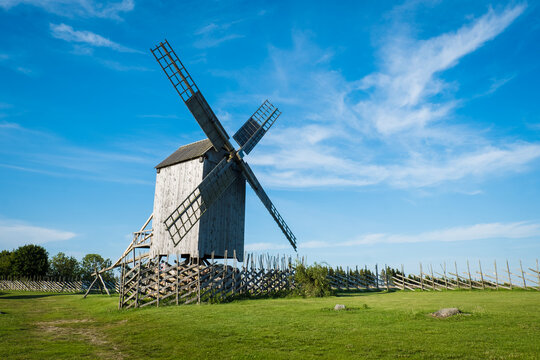Typical wooden windmills of Estonian  countryside. Historical farm architecture.