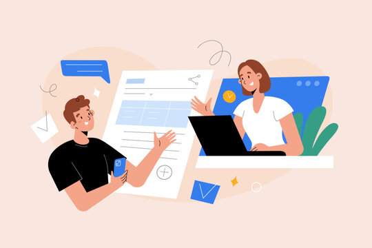Colleagues collaborating on online documents in real-time, co-authoring edit concept, multiple people work together on a document simaltaneously using laptop, mobile app, vector cartoon illustration
