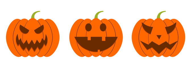 set of orange halloween pumpkins. Jack O Lantern. Emotion face pumpkin set. Carved halloween pumpkins with spooky face.