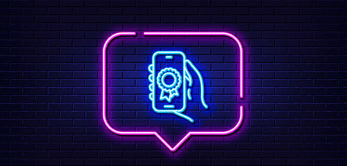 Neon light speech bubble. Award app line icon. Hand hold phone sign. Cellphone with screen notification symbol. Neon light background. Award app glow line. Brick wall banner. Vector