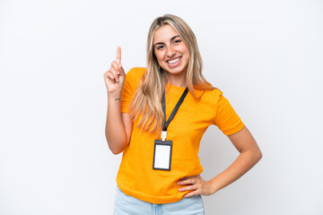 Young caucasian woman with ID card isolated on white background showing and lifting a finger in sign of the best
