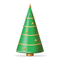 Triangular decorated green Christmas tree. 3d fir tree for holiday decor isolated on white background. Traditional Xmas indoor decor. Realistic vector illustration.