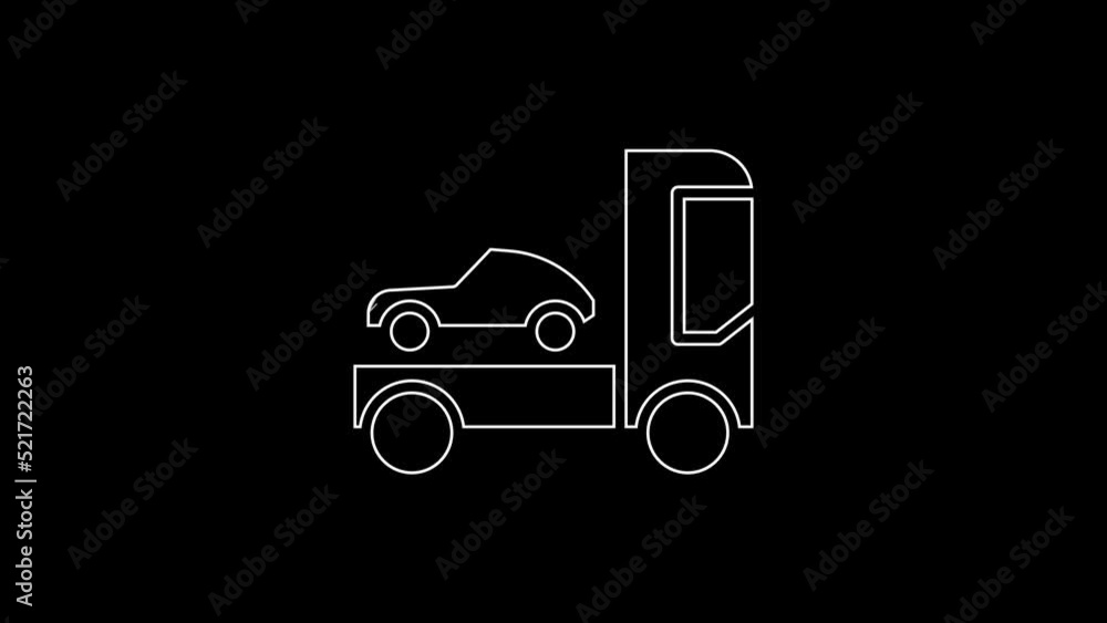 Poster white line car transporter truck for transportation of car icon isolated on black background. 4k vid