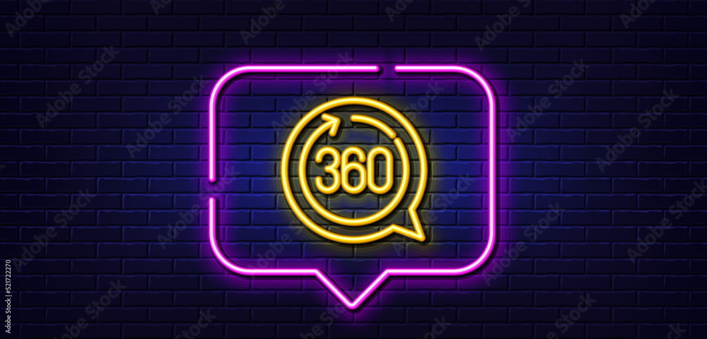 Poster neon light speech bubble. 360 degrees line icon. vr simulation sign. panoramic view symbol. neon lig