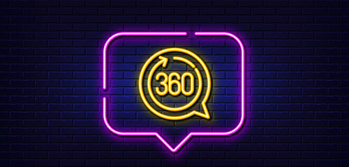 Neon light speech bubble. 360 degrees line icon. VR simulation sign. Panoramic view symbol. Neon light background. 360 degrees glow line. Brick wall banner. Vector