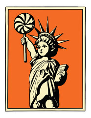 Vector Illustration of Baby Statue of Liberty holding a lollipop. America immature in subject of Immigration. - obrazy, fototapety, plakaty