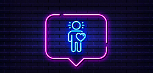 Neon light speech bubble. Friend line icon. Friendship love sign. Assistance business symbol. Neon light background. Friend glow line. Brick wall banner. Vector