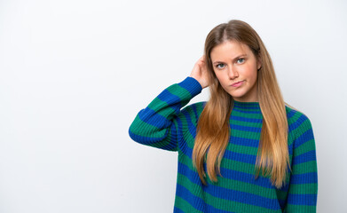Fototapeta premium Young caucasian woman isolated on white background having doubts