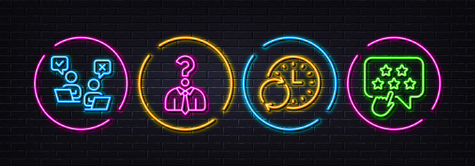 Update time, Hiring employees and Online voting minimal line icons. Neon laser 3d lights. Ranking star icons. For web, application, printing. Refresh clock, Human resources, Internet poll. Vector