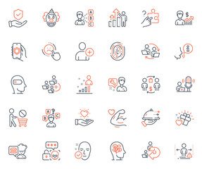 People icons set. Included icon as Add team, Security app and Stress web elements. Insurance hand, Repairman, Hold heart icons. Add user, Strong arm, Employee results web signs. Vector