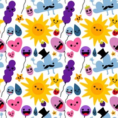 Naklejka premium Cartoon seamless sun and clouds and balloons pattern for kids clothes print and festive fabrics and wrapping