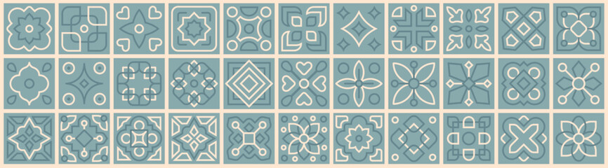 Fototapeta na wymiar Patchwork from Azulejo tiles Portugal and Spain ornate collection. Set decor geometric and floral retro tiles pattern for ceramic floor and wall vector illustration