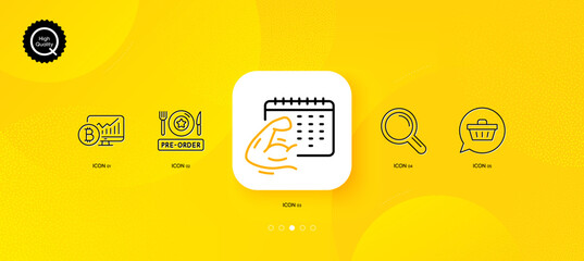 Fototapeta na wymiar Fitness calendar, Pre-order food and Research minimal line icons. Yellow abstract background. Shopping cart, Bitcoin chart icons. For web, application, printing. Vector