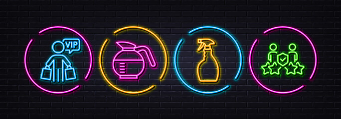 Naklejka premium Coffeepot, Vip shopping and Spray minimal line icons. Neon laser 3d lights. Security agency icons. For web, application, printing. Brewed coffee, Exclusive privilege, Washing cleanser. Vector