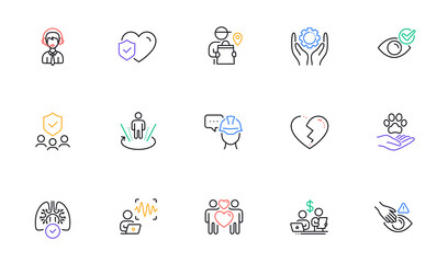 Shipping support, Delivery man and Lungs line icons for website, printing. Collection of Foreman, Voice wave, Augmented reality icons. Dont touch, Budget accounting, Employee hand web elements. Vector