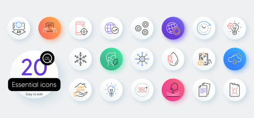Simple set of Seo phone, No alcohol and World statistics line icons. Include Snowflake, Prescription drugs, Receive file icons. Documents, Medical mask, Time change web elements. Vector
