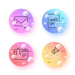 Start business, Megaphone box and Checked calculation minimal line icons. 3d spheres or balls buttons. Verified mail icons. For web, application, printing. Vector