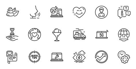 Outline set of Smile face, Spa stones and Global engineering line icons for web application. Talk, information, delivery truck outline icon. Include Metro map, 5g notebook, Stress icons. Vector
