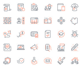 Education icons set. Included icon as Software bug, Continuing education and Mobile devices web elements. Brush, Binary code, Painter icons. Graph laptop, Approved checklist, Support web signs. Vector