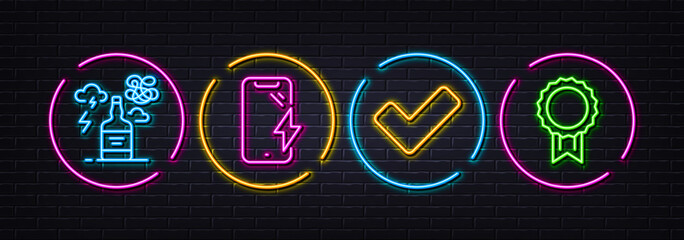 Alcohol addiction, Smartphone charging and Tick minimal line icons. Neon laser 3d lights. Reward icons. For web, application, printing. Confused mind, Phone battery, Confirm check. Best medal. Vector