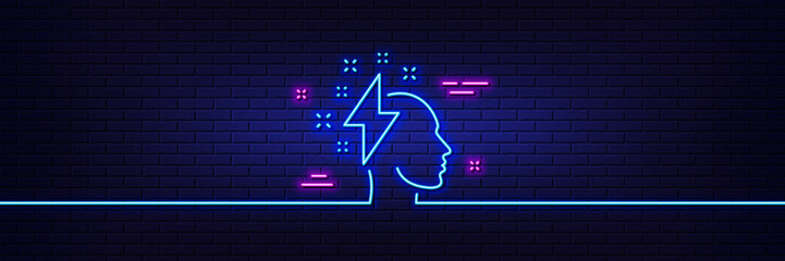 Neon light glow effect. Creative brainstorming line icon. Human head with lightning bolt sign. Inspiration symbol. 3d line neon glow icon. Brick wall banner. Brainstorming outline. Vector