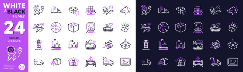 Dog leash, Inventory and Bus travel line icons for website, printing. Collection of Gift, Packing boxes, Send box icons. Flight mode, Honeymoon travel, Delivery web elements. Lighthouse. Vector