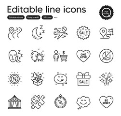 Set of Holidays outline icons. Contains icons as Fireworks, Buyer and Road elements. Sleep, Journey, Moon web signs. Discount, Puzzle, Sale offer elements. Be sweet, Balloon dart, One love. Vector
