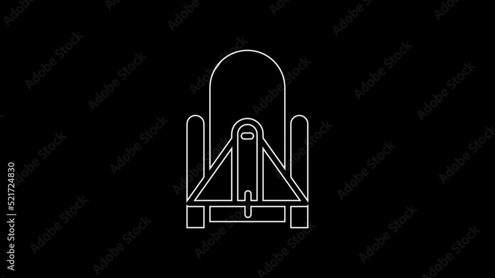 Poster white line rocket launch from the spaceport icon isolated on black background. launch rocket in spac