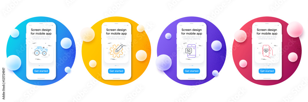 Aufkleber minimal set of tractor, 5g phone and cogwheel line icons for web development. phone ui interface moc