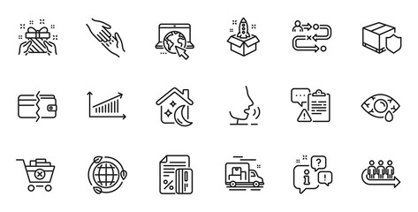Outline set of Queue, Helping hand and Sleep line icons for web application. Talk, information, delivery truck outline icon. Include Journey path, Clipboard, Payment methods icons. Vector