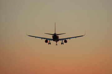 Plane landing at sunset. 