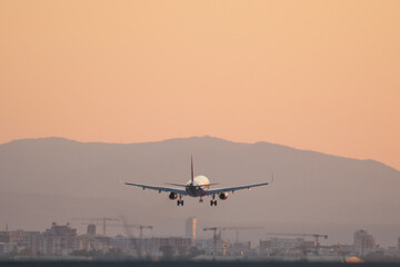 Plane landing at sunset. 