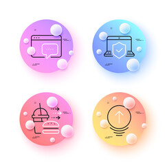 Swipe up, Seo message and Laptop insurance minimal line icons. 3d spheres or balls buttons. Food delivery icons. For web, application, printing. Scrolling page, Support chat, Full coverage. Vector