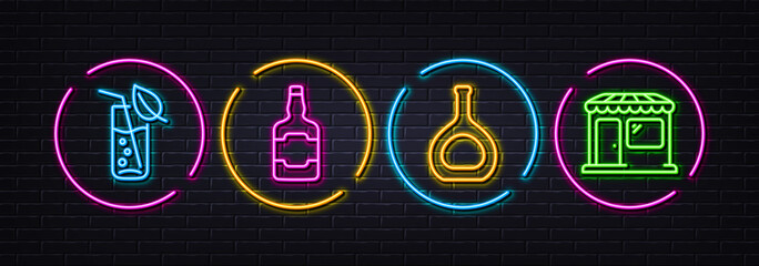 Water glass, Whiskey bottle and Cognac bottle minimal line icons. Neon laser 3d lights. Market icons. For web, application, printing. Soda drink, Scotch alcohol, Brandy alcohol. Store. Vector