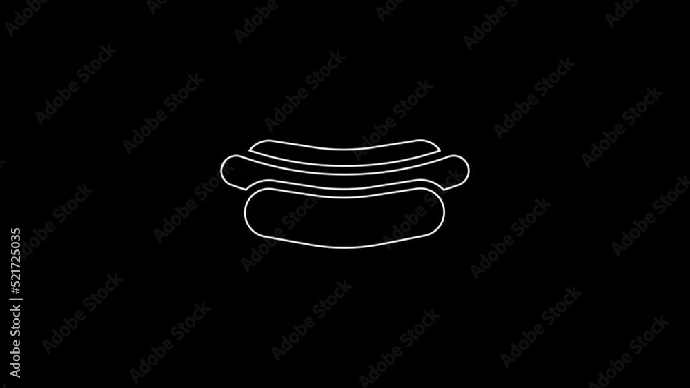 Sticker White line Hotdog sandwich icon isolated on black background. Sausage icon. Fast food sign. 4K Video motion graphic animation