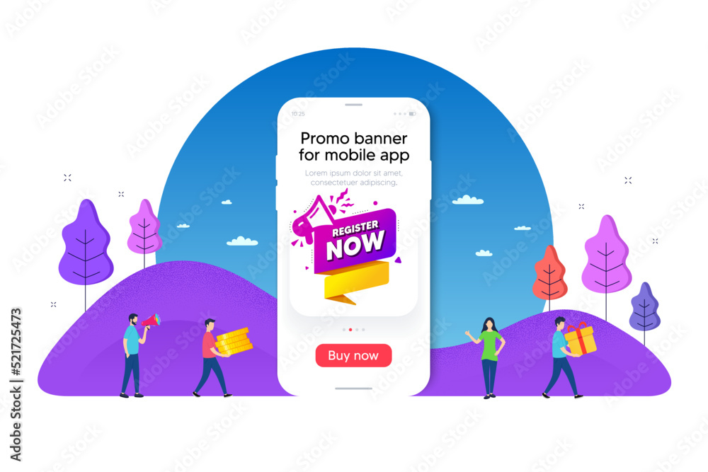 Poster register now paper banner. phone ui interface banner. free registration tag. megaphone message icon.