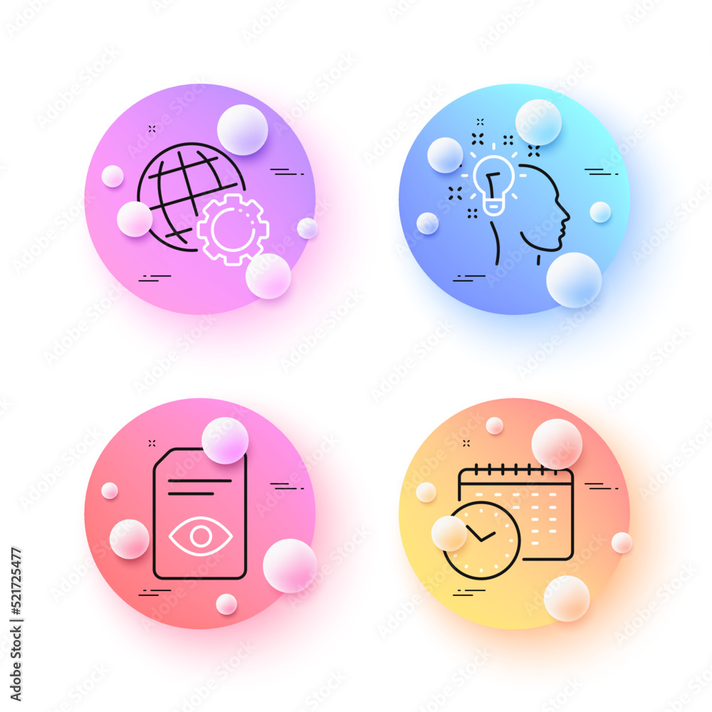 Poster calendar time, idea and view document minimal line icons. 3d spheres or balls buttons. globe icons. 