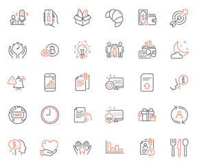 Business icons set. Included icon as Night weather, Search employee and Pay web elements. Attention bell, Target, Holiday presents icons. Volunteer, Wallet money, Ranking web signs. Vector