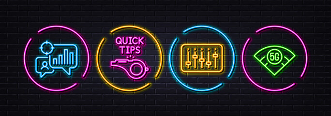 Dj controller, Seo statistics and Tutorials minimal line icons. Neon laser 3d lights. 5g wifi icons. For web, application, printing. Musical device, Analytics chart, Quick tips. Vector