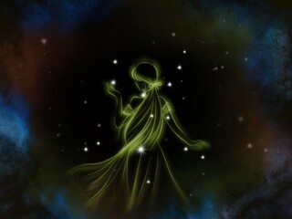 Fototapeta na wymiar Virgo constellation whose symbol is a virgin. Illustration made from a tablet, used as an astronomical background.