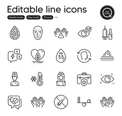 Set of Healthcare outline icons. Contains icons as Skin care, Stress and Medical insurance elements. Low thermometer, Ph neutral, Medical vaccination web signs. Health eye. Vector