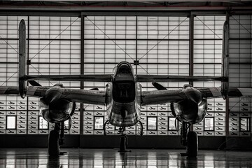 Grayscale of a bomber aircraft inside the hall