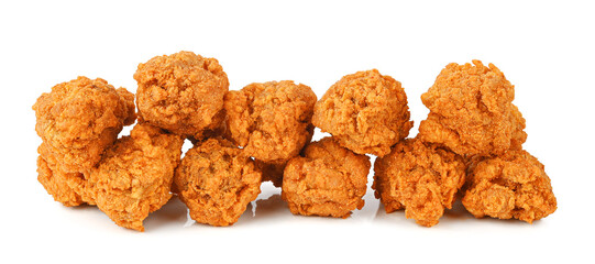Heap of fried spicy chicken isolated on white background.