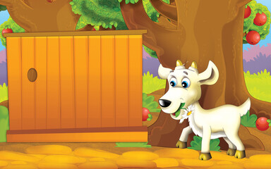 cartoon scene with farm goat in the garden illustration